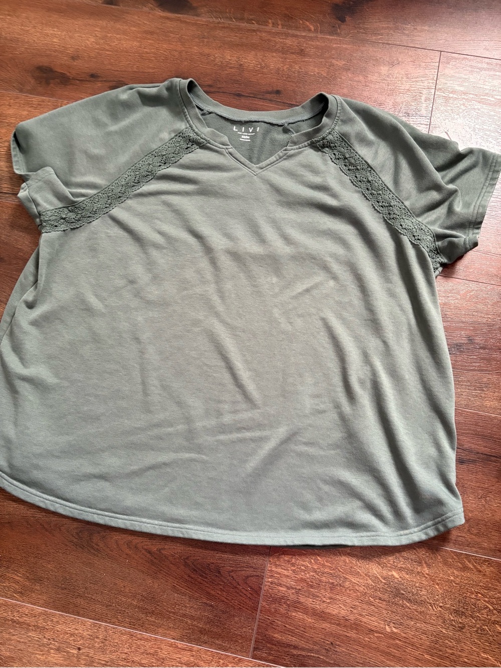 Lane Bryant LIVI Fresh Produce Olive Lace-Trim Short Sleeve Top